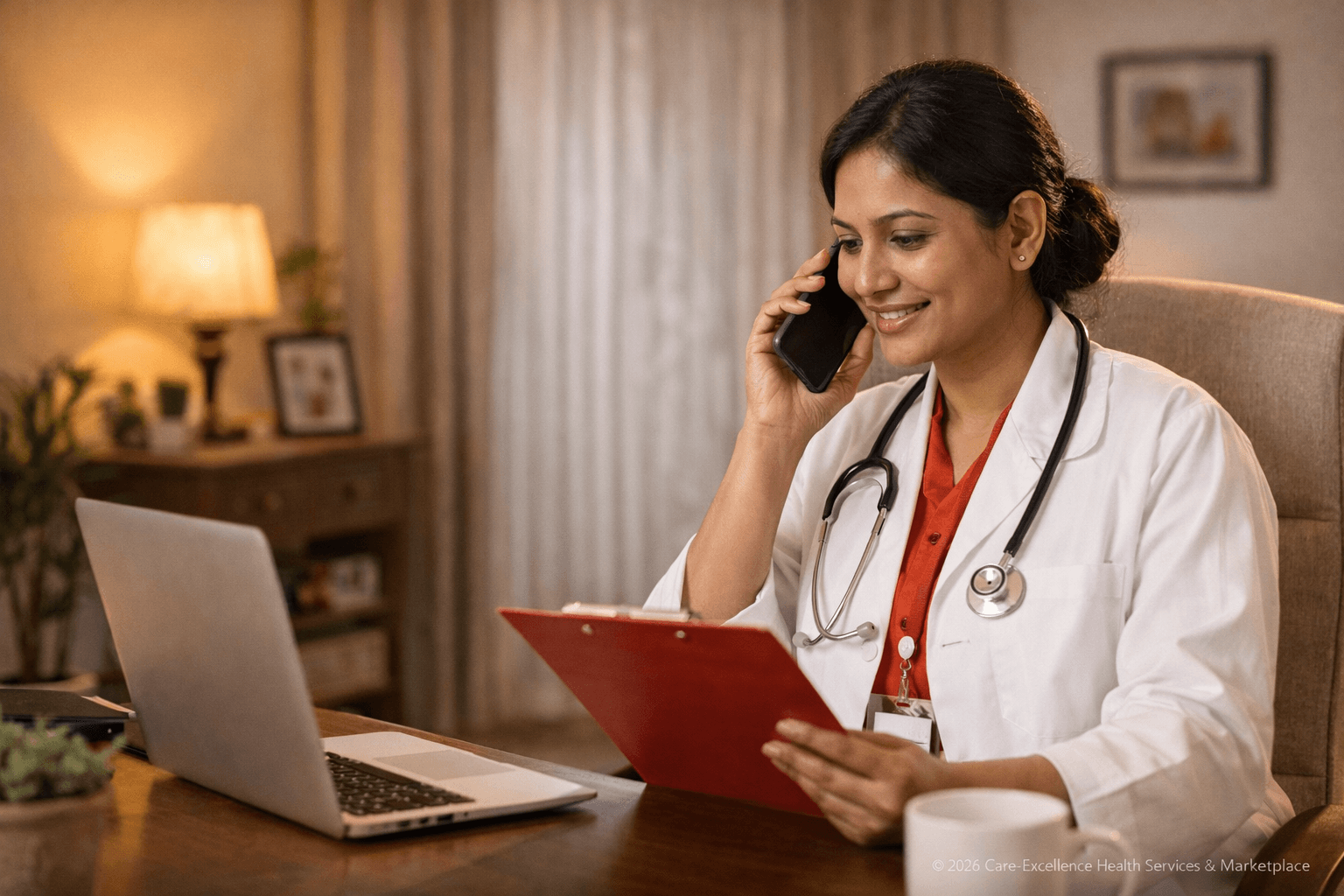 Bangladeshi female doctor on a phone call reviewing medical notes in a home office setting.