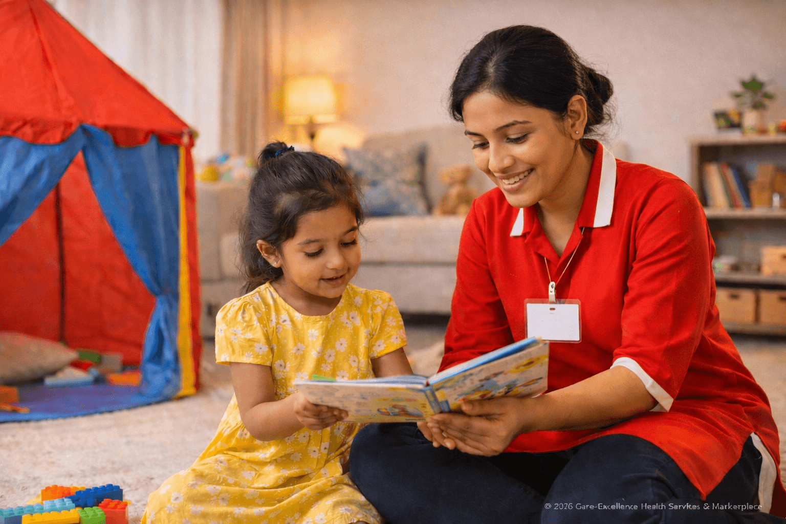 Bangladeshi nanny caring for a child during a supervised indoor activity at home.