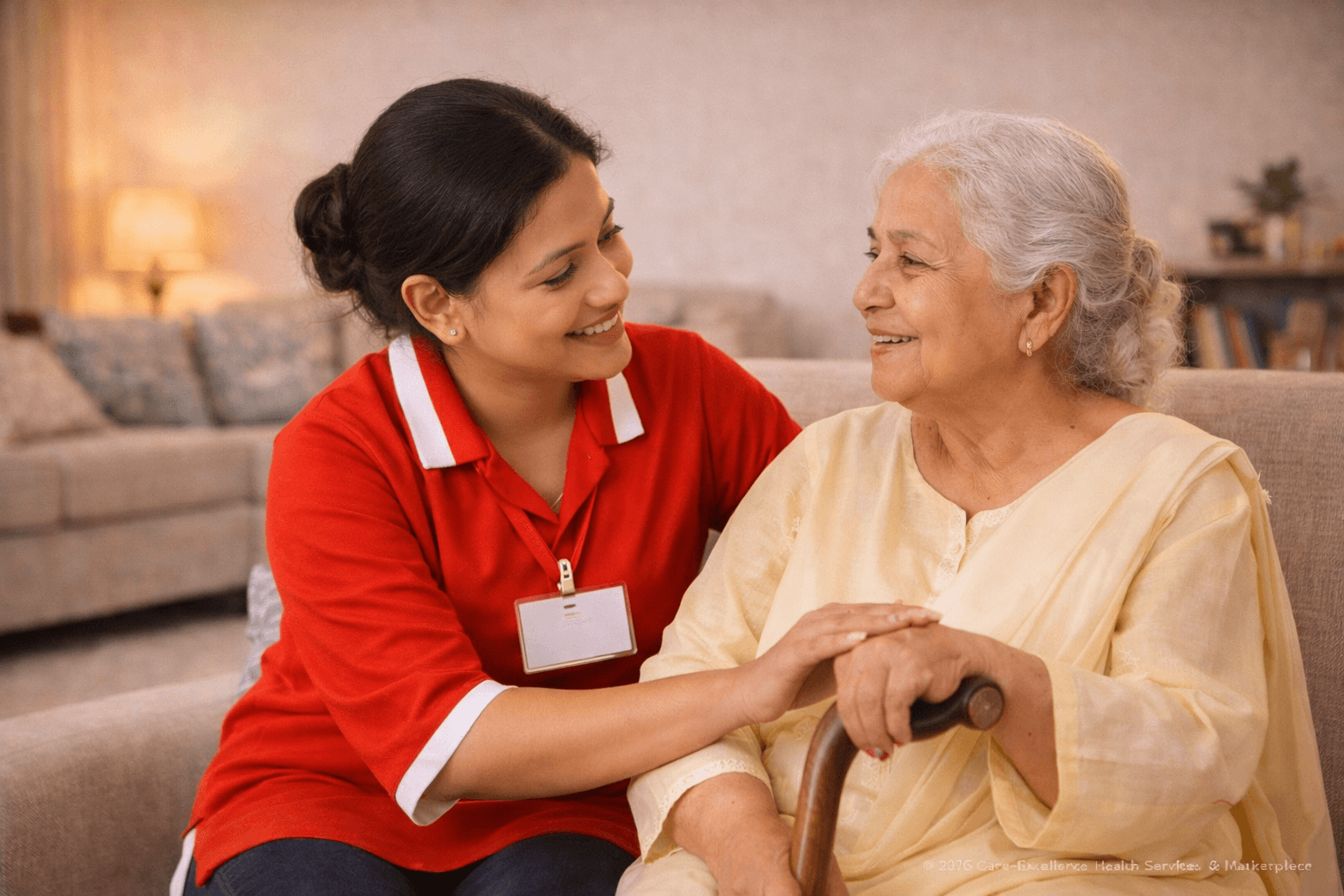 Caregiver helping an elderly man drink water in a warm home environment in Bangladesh.